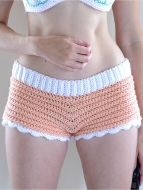Handmade Crochet Peach and White Beach Shorts S